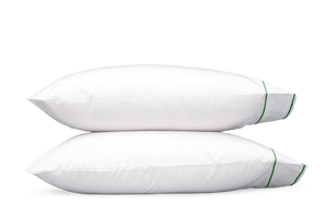 Two white Ansonia Bedding Collection, Palm pillows by Matouk, each with green piping and made from 500 thread count Egyptian cotton percale, are stacked on a plain white background—ideal for luxury bedding.