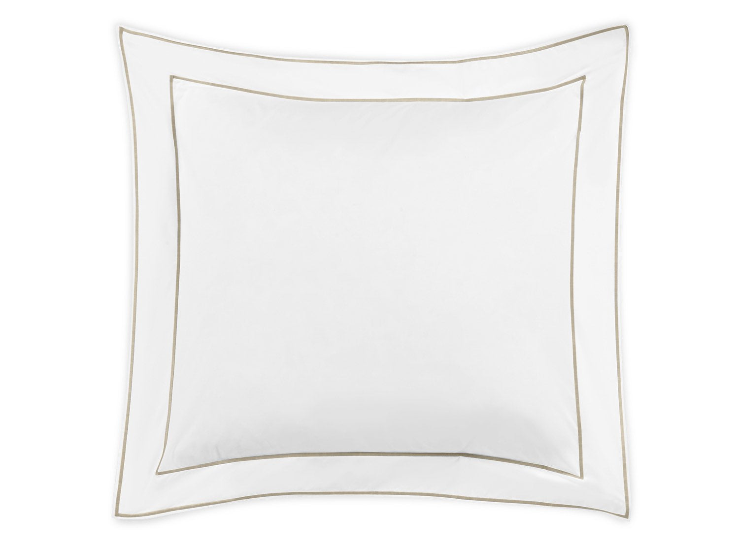 The Matouk Ansonia Bedding Collection in Almond features a white square pillow crafted from 500 thread count Egyptian cotton percale, accented by double beige borders—an elegant touch to your luxury bedding, shown on a plain background.