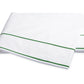 A folded sheet from the Ansonia Bedding Collection by Matouk, crafted from smooth cotton percale and featuring two parallel green stripes near the edge, is displayed on a plain white background.