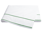The Ansonia Bedding Collection in Palm by Matouk features a folded white bedsheet with two green stripes near the edge, made from luxurious Egyptian cotton percale, shown on a plain background.