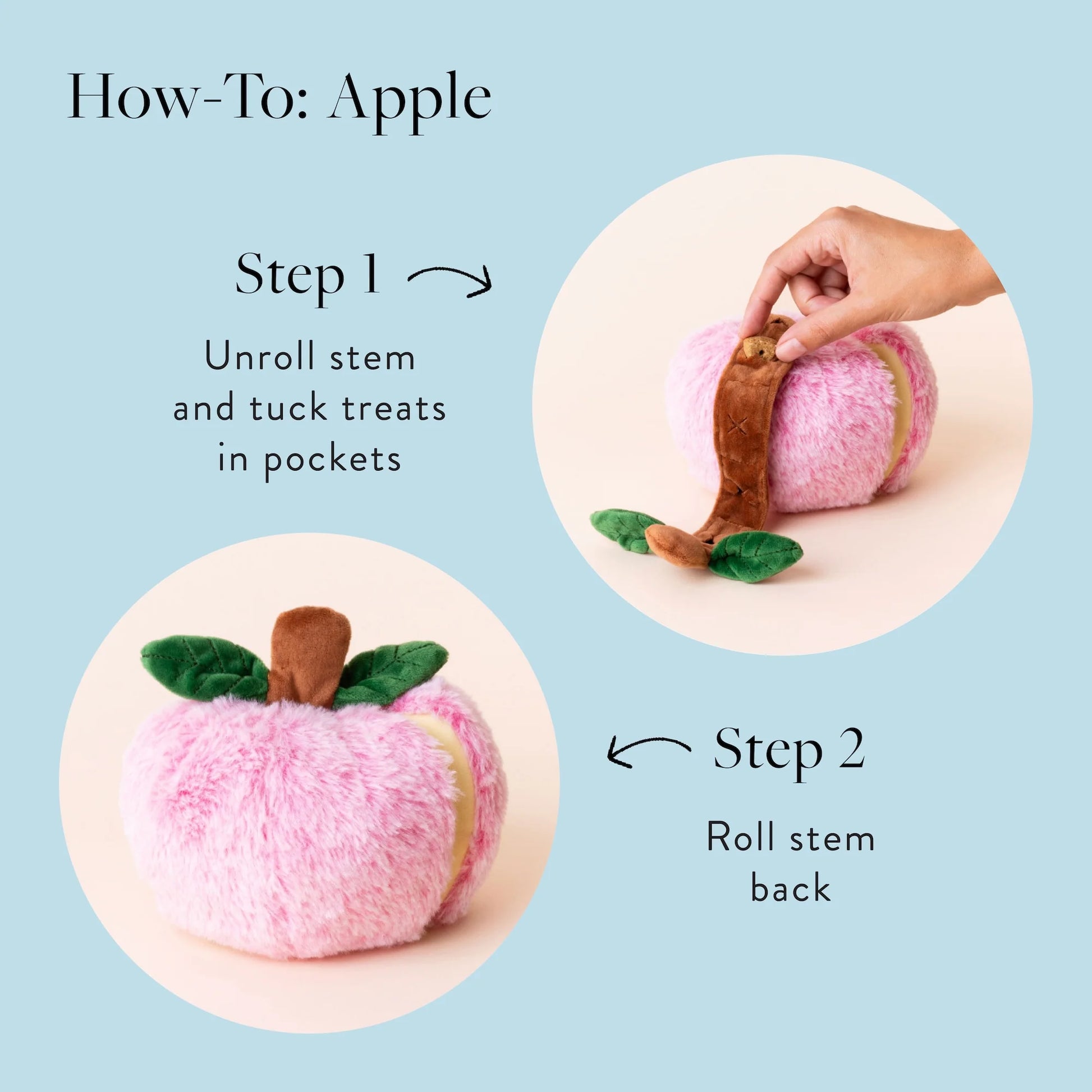 A hand unrolls the brown stem from The Foggy Dog’s Apple Interactive Snuffle Dog Toy, revealing hidden treat pockets—perfect for turning playtime into a fun search game for your pup. The second image shows the plush apple with its stem rolled up and tucked away. Instructions are included.