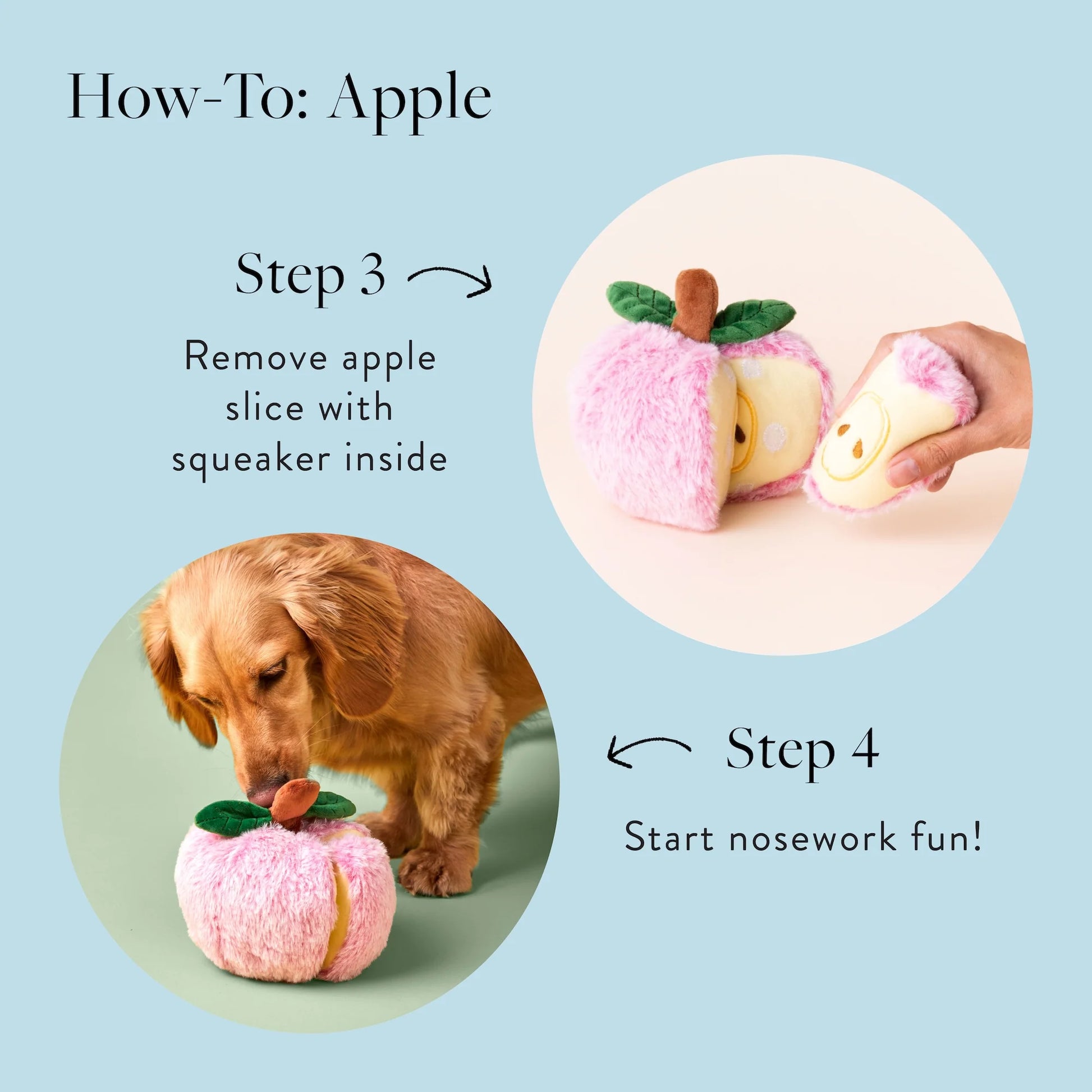 A dog interacts with The Foggy Dog’s Apple Interactive Snuffle Dog Toy, pulling out a plush apple slice featuring a squeaker and hidden treat pocket, while demonstrating steps to begin a nosework activity.