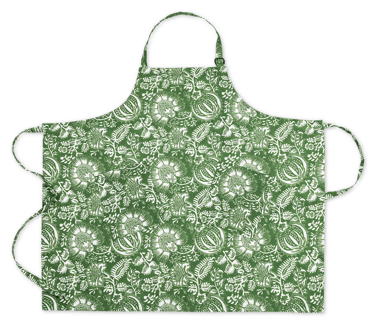 Matouk Linen Apron Collection: green linen apron featuring white floral and leaf Schumacher prints, shown flat with neck and adjustable waist ties extended.