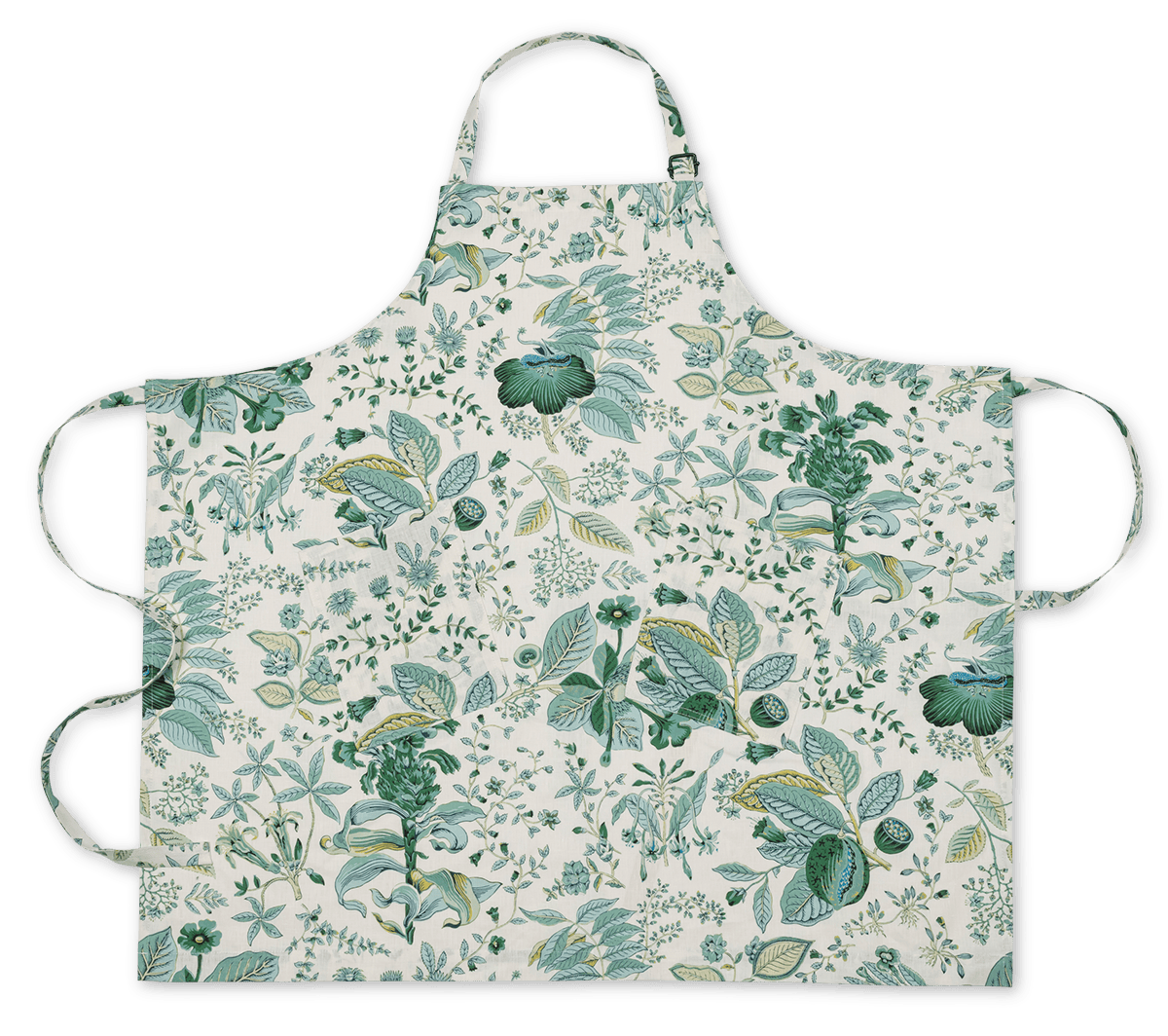 The Linen Apron Collection by Matouk features printed linen aprons with neck and waist ties, showcasing green and yellow botanical designs on a white background, inspired by Schumacher prints.