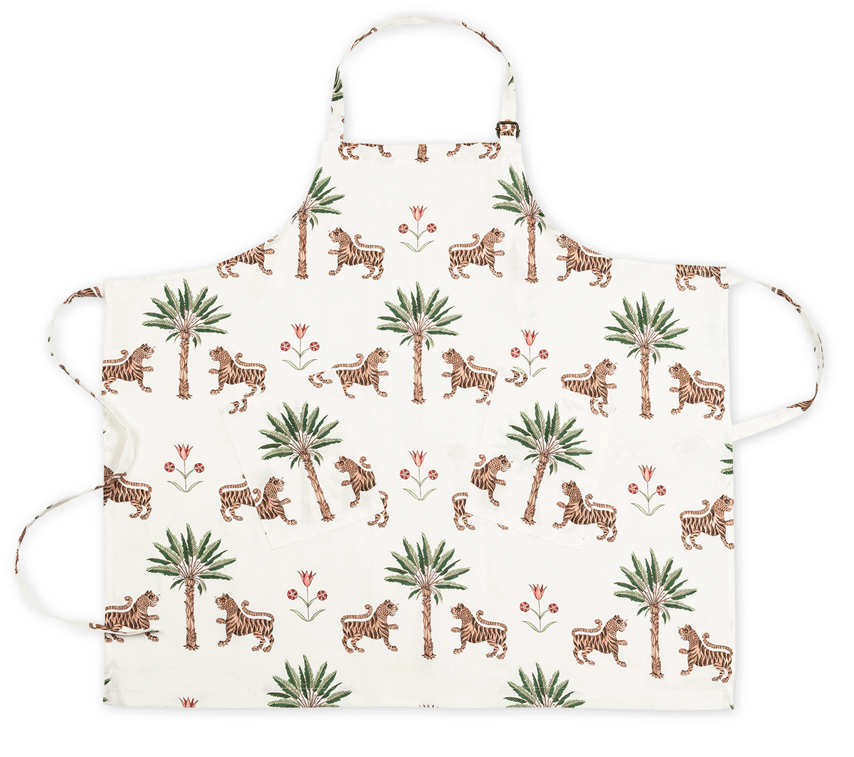 The Matouk Linen Apron Collection features a white linen apron with two front pockets, adjustable neck and waist straps, and an all-over pattern of tigers, palm trees, and red flowers inspired by Schumacher prints.