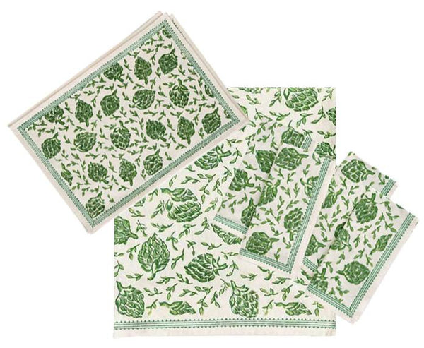 Part of the Pomegranate Inc. Dancing Artichokes Collection, this set of table linens features a captivating blend of green and white leaf patterns elegantly arranged on a pristine white background. The set includes a tablecloth, placemats, and napkins, all crafted from 100% cotton fabric by Pomegranate Inc.