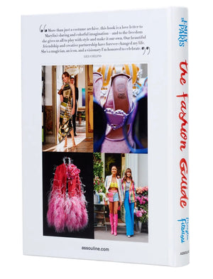 The back cover of Emily in Paris: The Fashion Guide by Assouline showcases a Lily Collins quote, three stylish Emily Cooper photos, and the book’s bold red title along the spine.