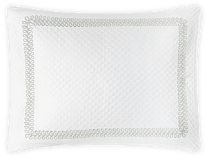 White rectangular pillow with a quilted pattern, featuring Matouk's Astor Braid embroidery and decorative looped edges from the Matouk Astor Braid Matelassé Bedding Collection in Silver.