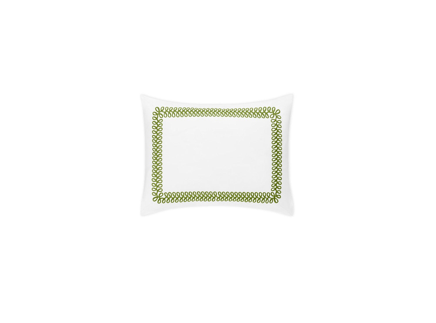 A white rectangular pillow from the Matouk Astor Braid Bedding Collection in Grass, featuring a green embroidered looped border, is centered on a plain white background.