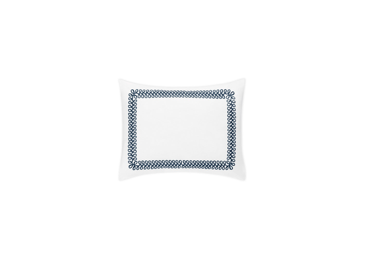 The Matouk Astor Braid Bedding Collection pillowcase features a rectangular white design with an indigo embroidered looped border, crafted from luxurious Ceylon percale and shown against a plain white background.