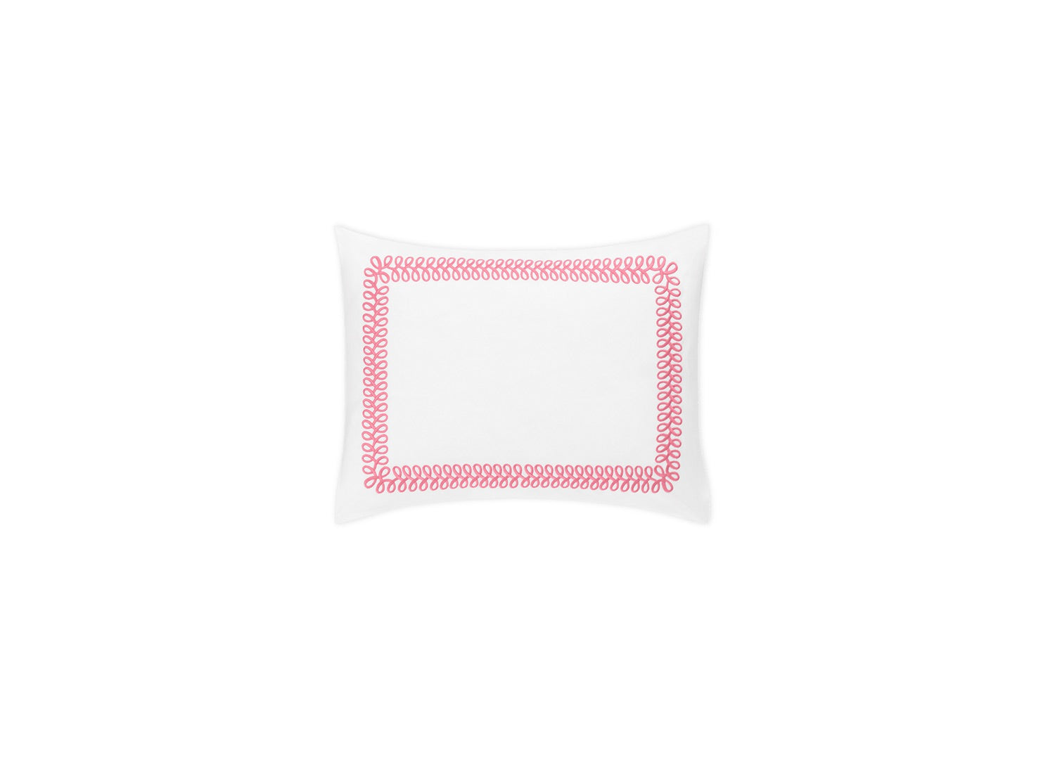 The Matouk Astor Braid Bedding Collection, Peony, features a luxurious white rectangular pillowcase with a red embroidered loop pattern along the edges.