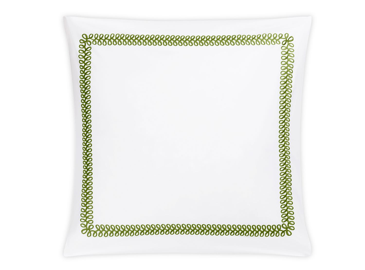 A white square plate from Matouk’s Astor Braid Bedding Collection, Grass features a green looped border design around the edge.