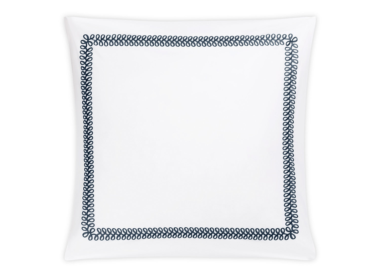 The Astor Braid Bedding Collection pillow by Matouk is a white Ceylon percale square with an indigo embroidered looped border design.