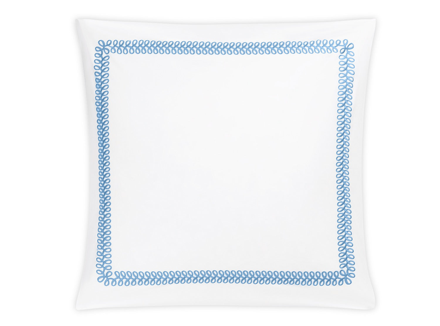The Astor Braid Bedding Collection in Sky by Matouk features a square white pillow with a simple blue looped border, crafted from soft Ceylon percale and photographed on a plain white background.