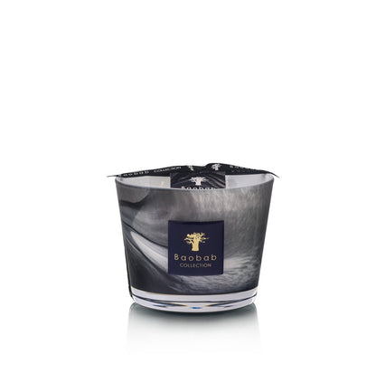 The Baobab Collection Atlas Toubkal Candle by Baobab is housed in a glass holder adorned with a black, white, and gray design featuring a tree logo on the label, and it releases enchanting notes of rose and Atlas cedar.