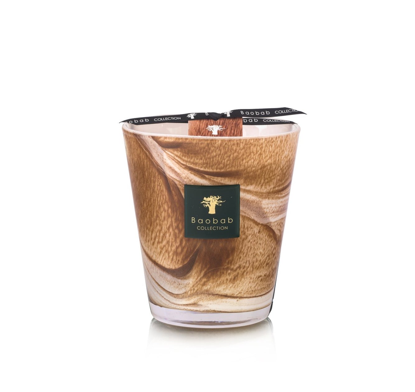 The Baobab Collection Atlas Tichka Candle, in a glass jar with a brown swirl pattern and a black "Baobab Collection" label, offers earthy scents of vetiver and patchouli.