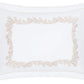 The Atoll Bedding Collection pillowcase by Matouk is a white rectangular design crafted from luxurious CEYLON cotton percale. It features a decorative beige coral-inspired embroidered border and a thin beige outline near the edge, all in a sumptuous 520 thread count for exceptional comfort and elegance.