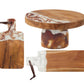 The Blue Pheasant Austin Swirled Serveware Collection includes three handcrafted wooden boards and a cake stand, each with white and brown marbled resin accents; two boards have leather straps.