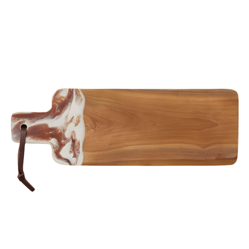 The Austin Swirled Serveware Collection by Blue Pheasant features a rectangular handcrafted teak serving board with a handle, marbled white resin detail, and a brown leather loop.