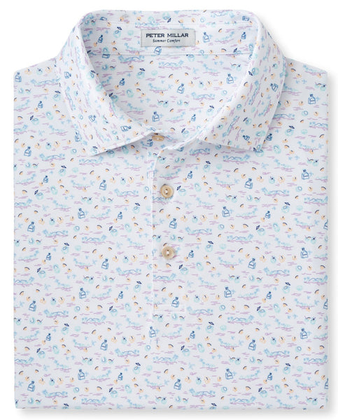 Folded Peter Millar 5 O'Clock In Fiji Performance Jersey Polo men's performance polo shirt with UPF 50+ sun protection, and collar unbuttoned.