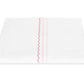 The Axel Bedding Collection by Matouk showcases a folded white sheet adorned with three parallel pink and red zigzag embroidery lines running vertically near one edge, expertly crafted from soft long-staple cotton to elevate the comfort of any modern bed.