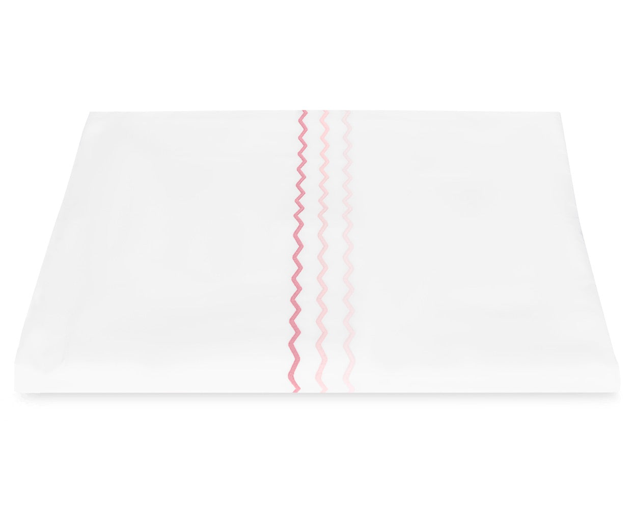 The Axel Bedding Collection by Matouk showcases a folded white sheet adorned with three parallel pink and red zigzag embroidery lines running vertically near one edge, expertly crafted from soft long-staple cotton to elevate the comfort of any modern bed.