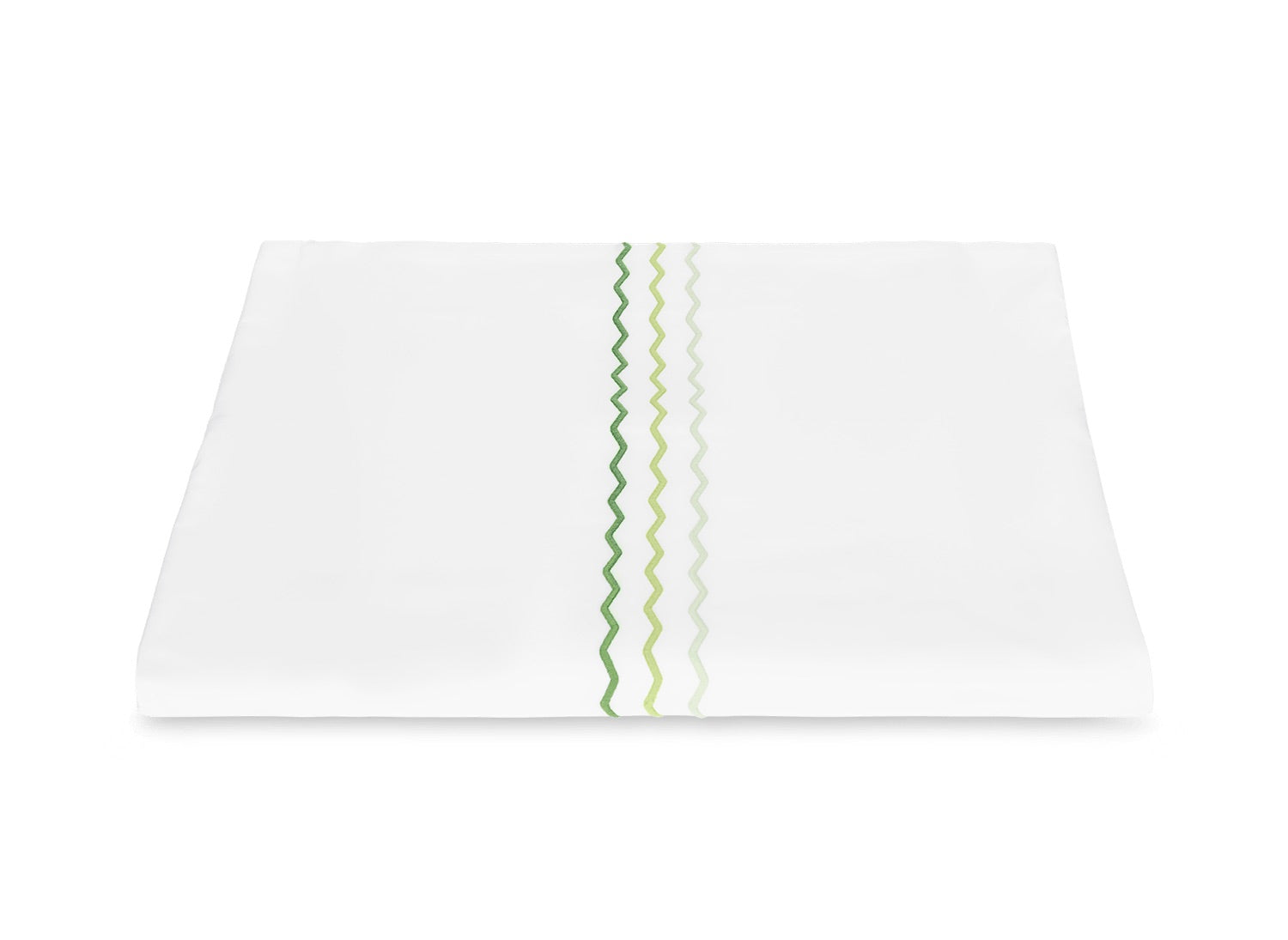 White folded sheet from the Axel Bedding Collection by Matouk, featuring three parallel zigzag lines in varying shades of green embroidered near the center—a sophisticated accent for the modern bed.