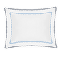 The Axel Bedding Collection, Azure by Matouk features a white rectangular pillowcase in long-staple cotton with scalloped edges and blue zigzag embroidery—ideal for a modern bed.
