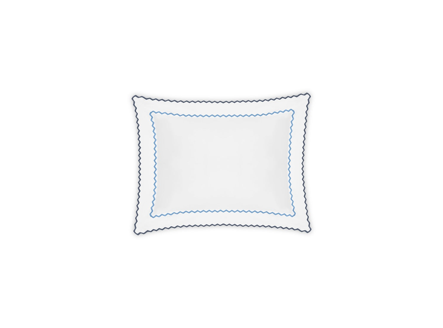 The Axel Bedding Collection by Matouk showcases a white pillow accented with a blue scalloped border and inner outline, featuring delicate zigzag embroidery at the center—a refined touch that elevates any modern bed.