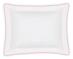 The Axel Boudoir Sham by Matouk is a white rectangular pillow made from long-staple cotton, featuring a scalloped pink border with zigzag embroidery for a playful, modern accent. Shown against a plain white background.