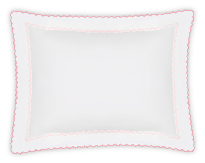 The Axel Boudoir Sham by Matouk is a white rectangular pillow made from long-staple cotton, featuring a scalloped pink border with zigzag embroidery for a playful, modern accent. Shown against a plain white background.