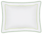 The Axel Boudoir Sham by Matouk is a rectangular white pillow with scalloped edges and green and yellow zigzag embroidery, expertly crafted from luxurious long-staple cotton for a modern touch to your bed.