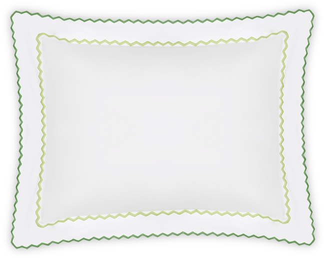 The Axel Boudoir Sham by Matouk is a rectangular white pillow with scalloped edges and green and yellow zigzag embroidery, expertly crafted from luxurious long-staple cotton for a modern touch to your bed.