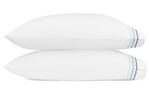 Two white pillows from the Matouk Axel Bedding Collection in Azure, made of long-staple cotton and featuring a blue wavy line pattern, add a fresh accent to any modern bed.