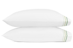 Two white pillows from the Matouk Axel Bedding Collection, Spring Green, crafted from long-staple cotton with green zigzag embroidery on the edge—ideal for a modern bed.