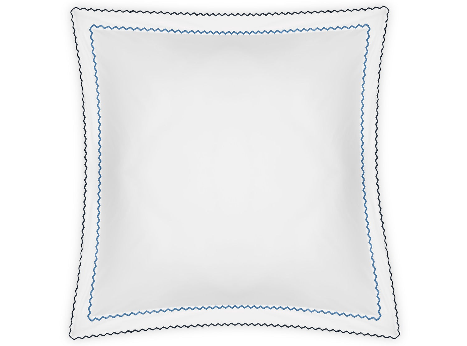 The Axel Bedding Collection by Matouk features a square white pillow made from long-staple cotton, adorned with delicate light blue decorative stitching along the edges, a scalloped border, and subtle zigzag embroidery. Shown against a plain white background, this elegant accent is ideal for adding a refined finishing touch to any modern bed.