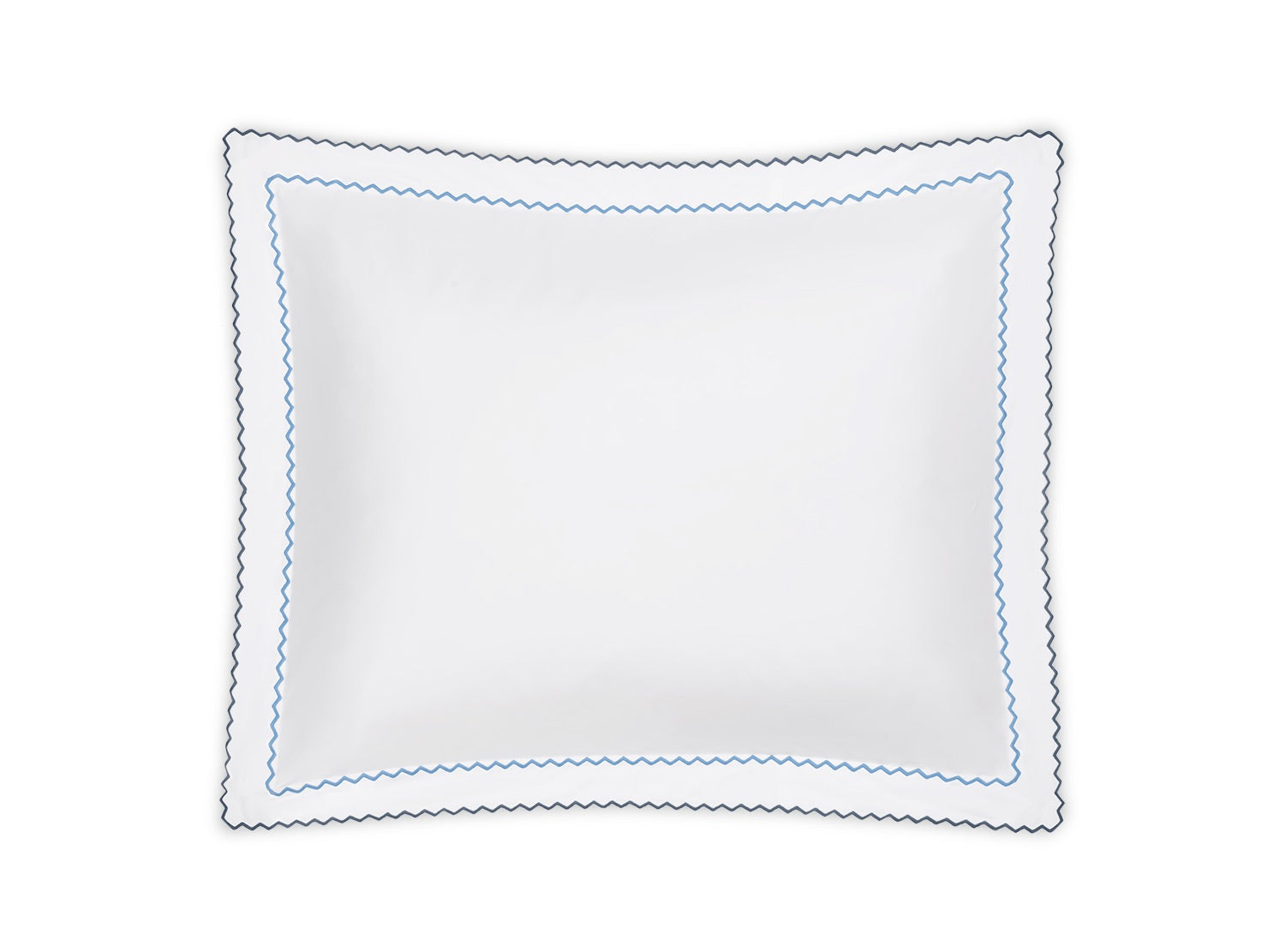 Introducing the Axel Bedding Collection by Matouk: a white rectangular pillowcase made from luxurious long-staple cotton, adorned with a scalloped edge and double line of blue zigzag embroidery near the border—a refined detail that elevates any modern bed.
