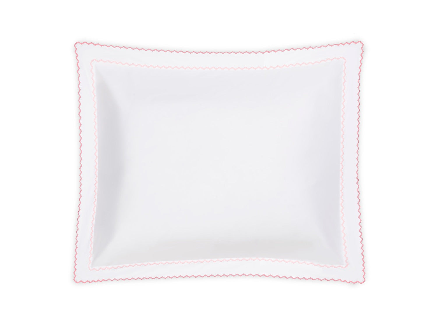 The Axel Bedding Collection by Matouk features a white rectangular pillow with scalloped edges and pink zigzag embroidery trim, crafted from soft long-staple cotton and photographed on a plain white background—an elegant accent for any modern bed.