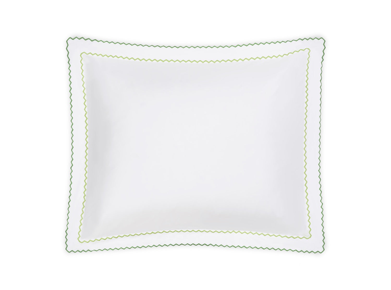 The Axel Bedding Collection by Matouk features a white rectangular pillowcase, crafted from soft long-staple cotton, and finished with scalloped green and yellow zigzag embroidery along the edges, shown on a plain white background.