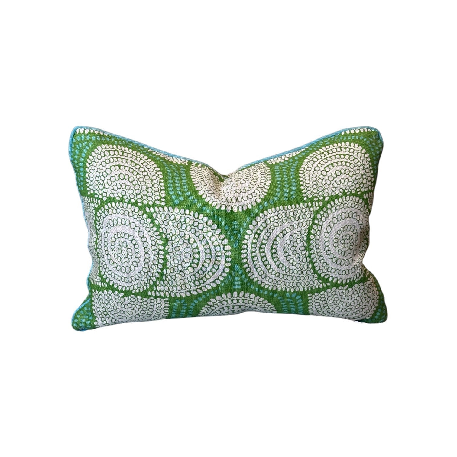 The Azteque Green Lumbar Pillow by Hive Custom Pillows features a rectangular shape, green background with white circular dots, and is 100% down-filled for comfort, displayed against a plain white backdrop.