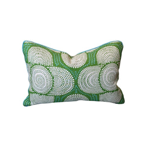 The Azteque Green Lumbar Pillow by Hive Custom Pillows features a rectangular shape, green background with white circular dots, and is 100% down-filled for comfort, displayed against a plain white backdrop.