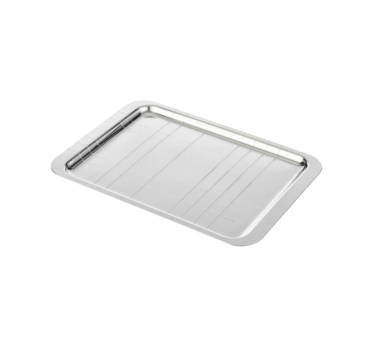 A modern and elegant Christofle Graphik Silver-Plated Tray with raised edges is showcased against a white background, highlighting its refined rectangular design from the GRAPHIK collection.