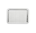 The Christofle Graphik Silver-Plated Tray is a rectangular decorative piece with rounded edges and a geometric line pattern, showcased against a plain white background.