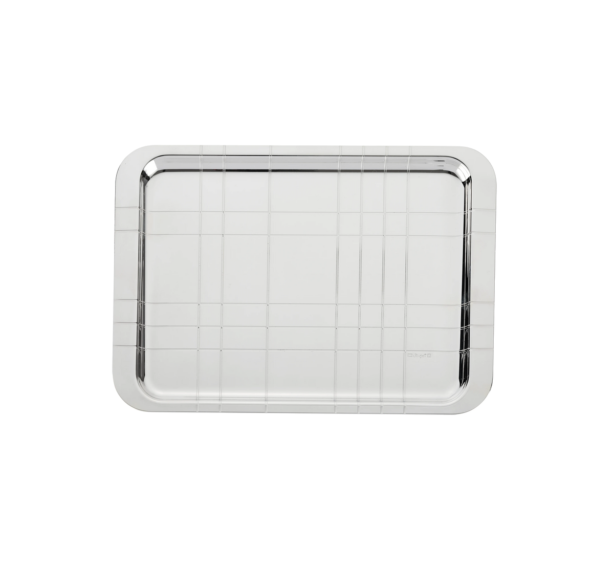 The Christofle Graphik Silver-Plated Tray is a rectangular decorative piece with rounded edges and a geometric line pattern, showcased against a plain white background.