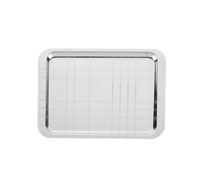 The Christofle Graphik Silver-Plated Tray is a rectangular decorative piece with rounded edges and a geometric line pattern, showcased against a plain white background.
