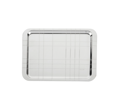 The Christofle Graphik Silver-Plated Tray is a rectangular decorative piece with rounded edges and a geometric line pattern, showcased against a plain white background.