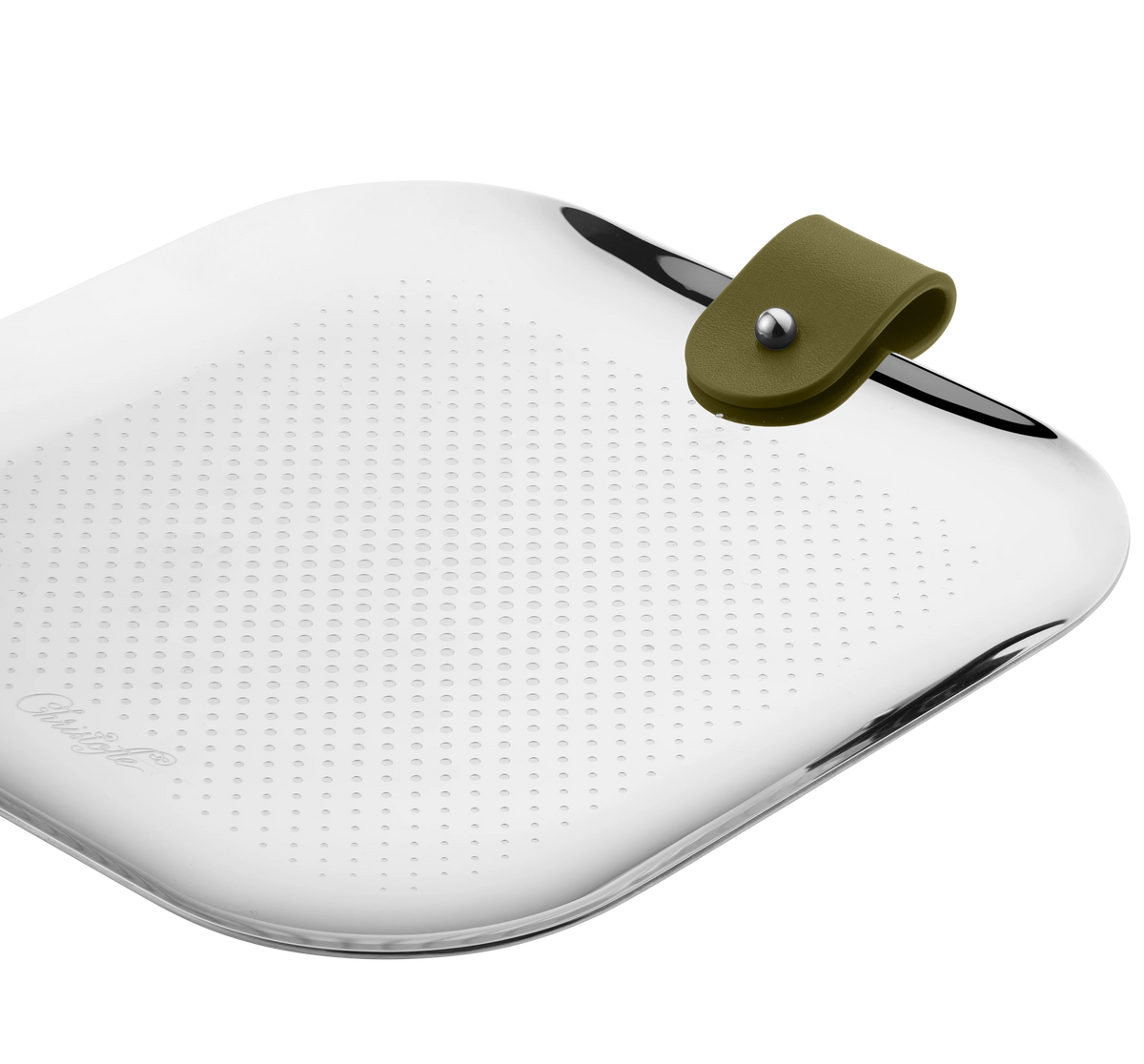 Rectangular metal grater with a fine perforated surface, rounded edges, and a green silicone loop at one corner—a functional tool that could also serve as a unique decorative piece next to your Christofle Club Stainless Steel Trinket Tray.