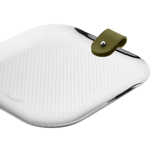Rectangular metal grater with a fine perforated surface, rounded edges, and a green silicone loop at one corner—a functional tool that could also serve as a unique decorative piece next to your Christofle Club Stainless Steel Trinket Tray.