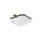 Christofle Club Stainless Steel Trinket Tray—a square metal tray featuring rounded edges, small textured dots, and a green tab with a metal rivet on one corner, displayed on a white background for a stylish decorative accent.