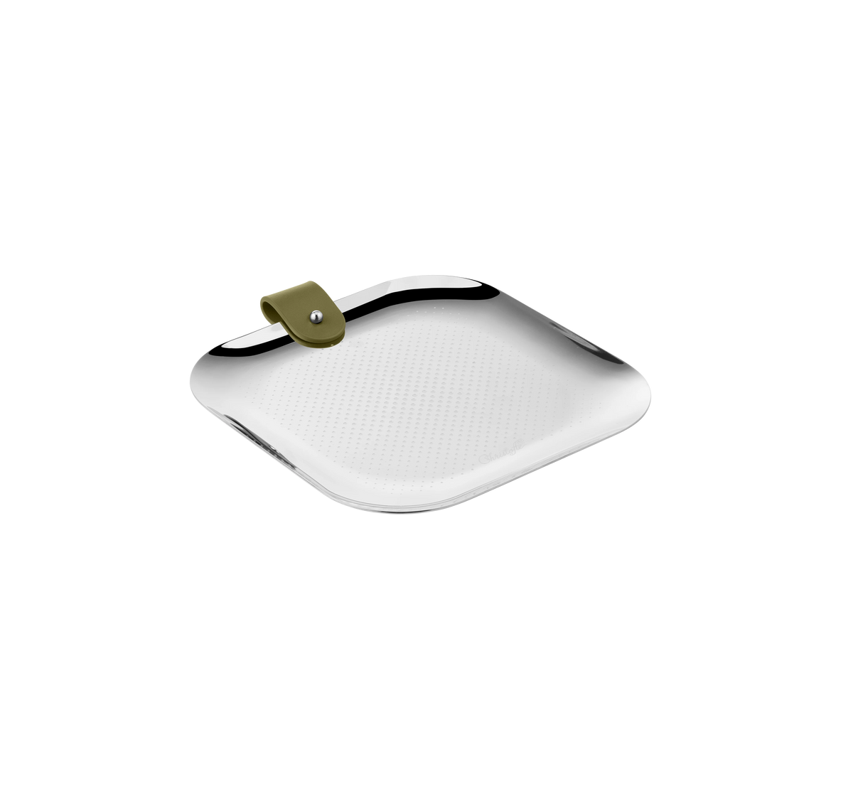 Christofle Club Stainless Steel Trinket Tray—a square metal tray featuring rounded edges, small textured dots, and a green tab with a metal rivet on one corner, displayed on a white background for a stylish decorative accent.